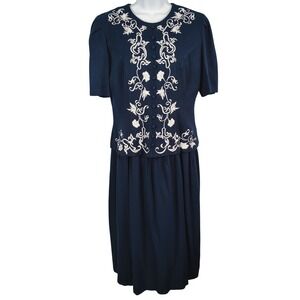 Karin Stevens Womens SZ 12 Vintage Embroidered Peplum Midi Dress Navy Blue Rayon